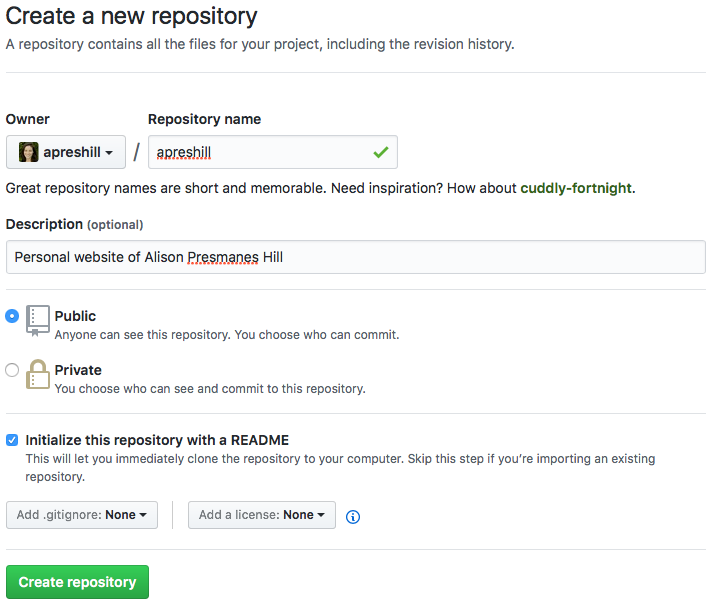 Screenshot above: Creating a new repository in GitHub