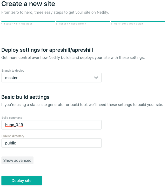 Screenshot above: Basic build settings in Netlify