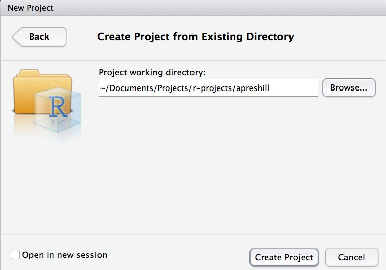 Screenshot above: Creating a new project in an existing directory in RStudio
